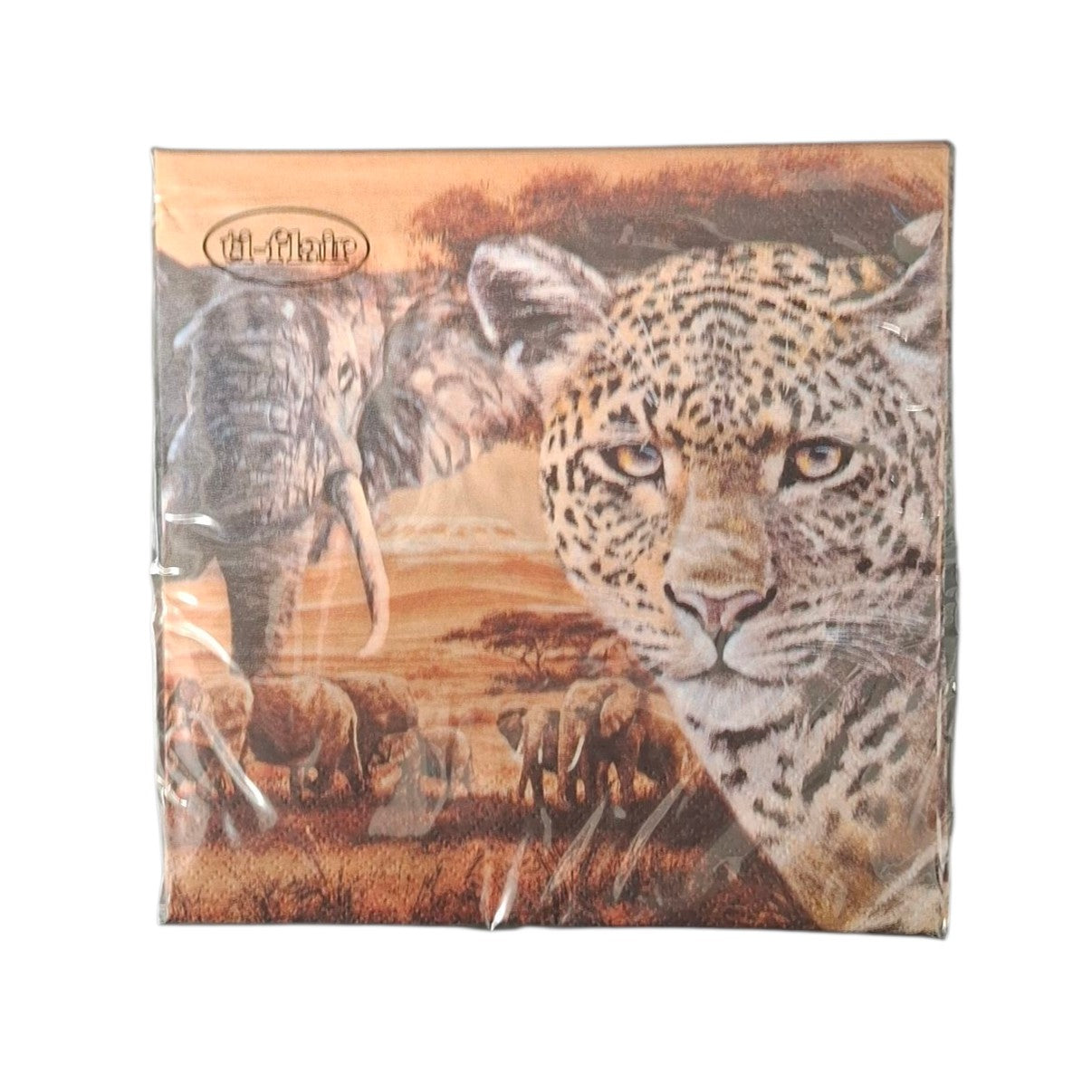 Packaged product with a leopard and elephant design on a white background