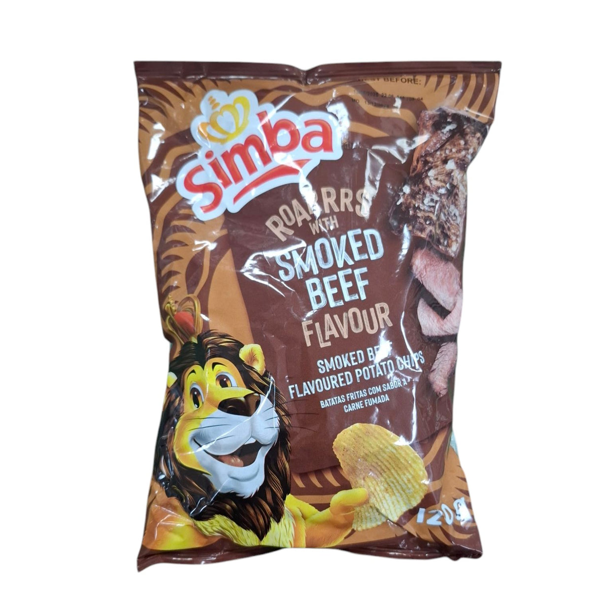 A package of Simba Smoked Beef-flavored chips from Biltong Direct. The bag is predominantly brown with an illustration of a smiling lion and images of the chips.