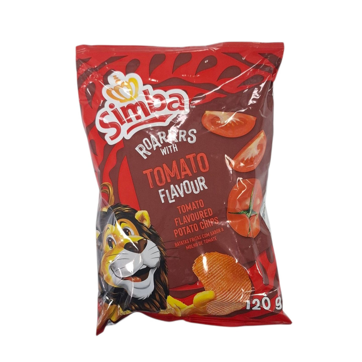 Simba Roarers Tomato Flavour potato chips packaging on a white background