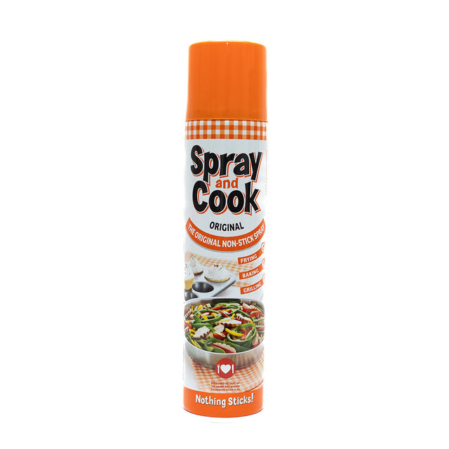 A can of Spray and Cook Original from Biltong Direct 300ml, primarily orange in color with product information and images of food on the label.