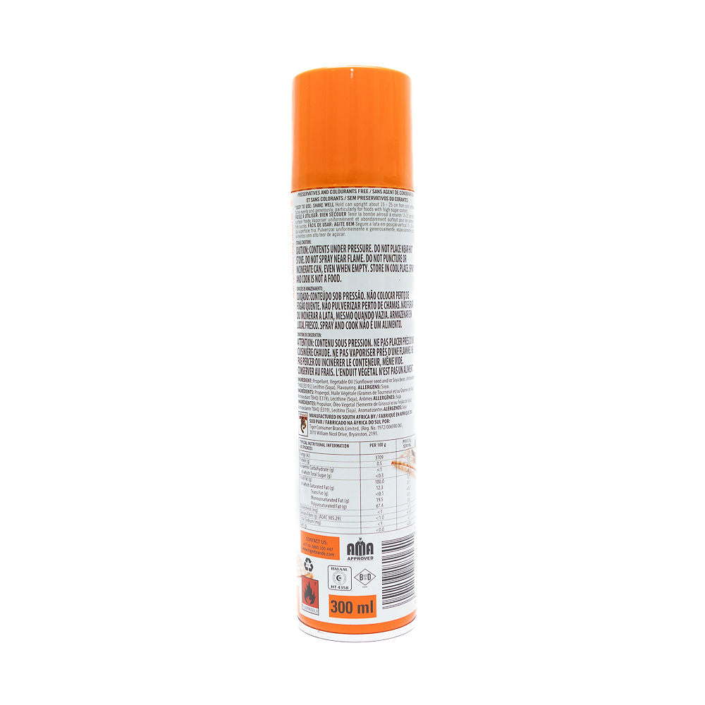 A can of Spray and Cook Original from Biltong Direct 300ml, primarily orange in color with product information and images of food on the label.