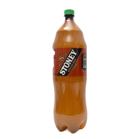 A 2-liter plastic bottle of Stoney's Ginger Beer from Biltong Direct with a brown liquid visible through the transparent bottle.
