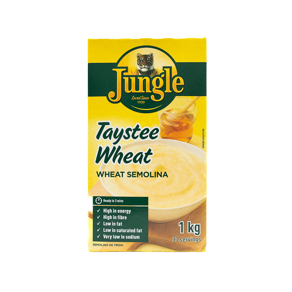 Packaging of Jungle Taystee Wheat Wheat Semolina porridge from Biltong Direct. The package is yellow with a picture of the product and the brand logo which includes a tiger.