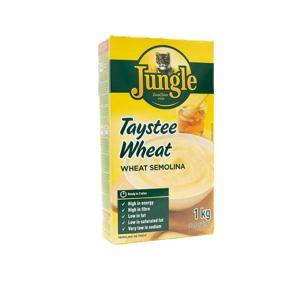 Packaging of Jungle Taystee Wheat Wheat Semolina porridge from Biltong Direct. The package is yellow with a picture of the product and the brand logo which includes a tiger.