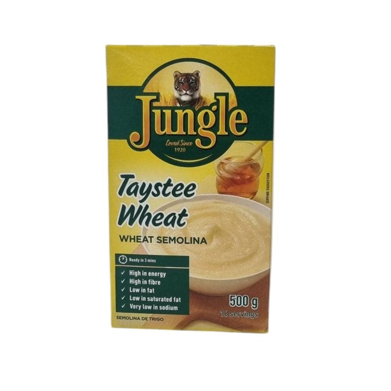 Packaging of Jungle Taystee Wheat from Biltong Direct. Wheat Semolina porridge, showing the product name, brand, weight, and an image of the product.