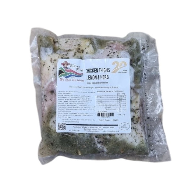 Packaged chicken thighs with lemon and herb seasoning from Biltong Direct visible through the plastic wrapping.