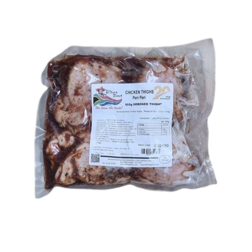 Packaged chicken thighs with peri peri seasoning from Biltong Direct visible through the plastic wrapping.