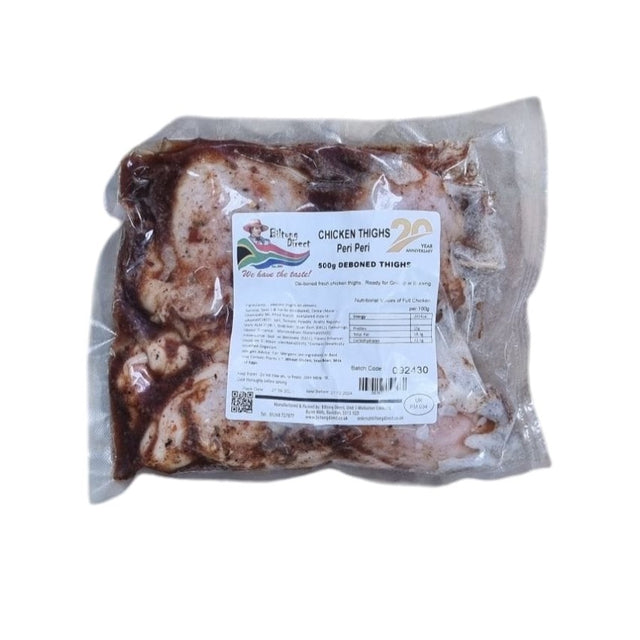 Packaged chicken thighs with peri peri seasoning from Biltong Direct visible through the plastic wrapping.