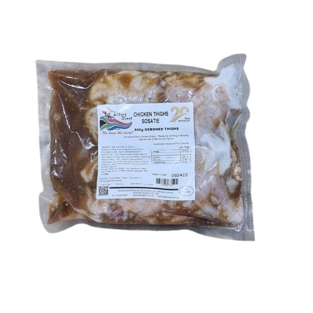 Packaged chicken thighs labeled as sosatie flavour from Biltong Direct, displayed against a white background.