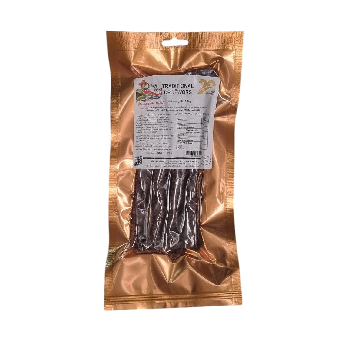 Traditional droewors from Biltong Direct, in a gold vacuum sealed packet.