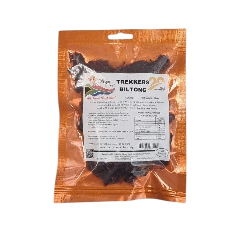 Trekkers sliced biltong from Biltong Direct, in a gold vacuum sealed packet.