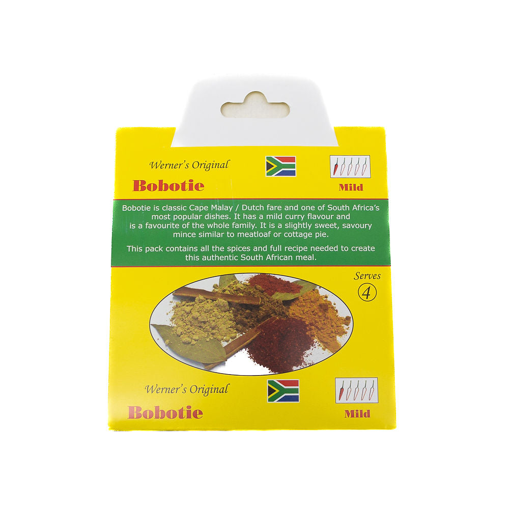 Packaging of Werners Original Bobotie - Mild from Biltong Direct, displaying the product name, a picture of the spices included, and the South African flag indicating the origin of the dish.