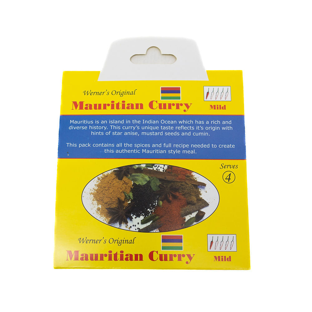 Packaging of Werners Original Mauritian Curry - Mild from Biltong Direct, showing the product name, description, and the image of a curry dish