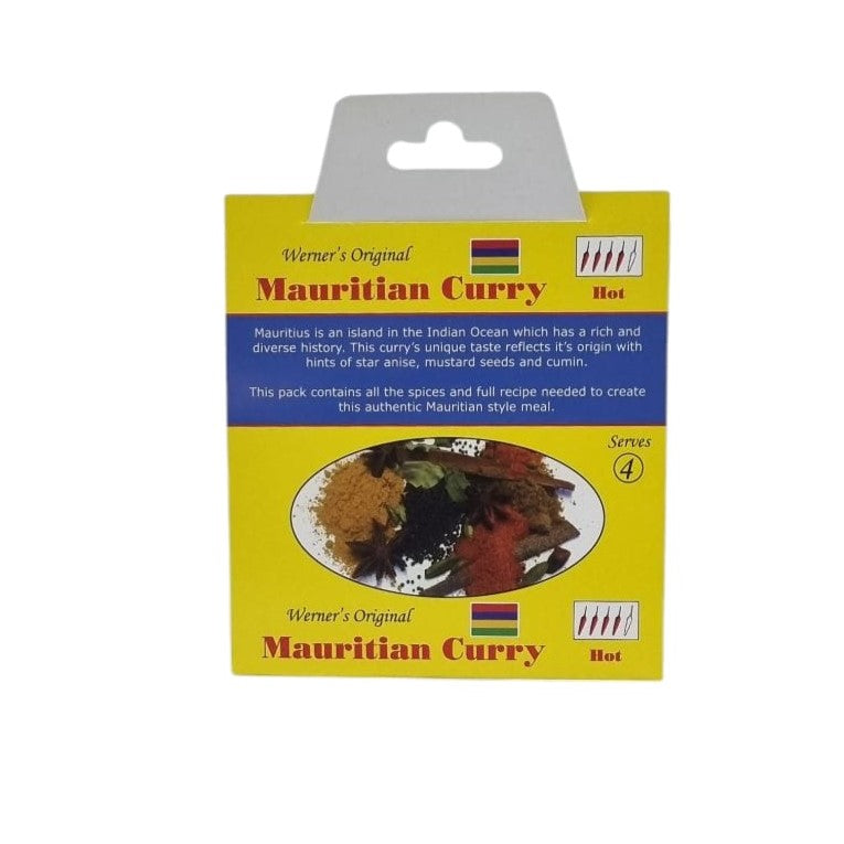 Packaging of Werners Original Mauritian Curry from Biltong Direct showing the product name, rating as hot (4 chillies), and an image of a curry dish.
