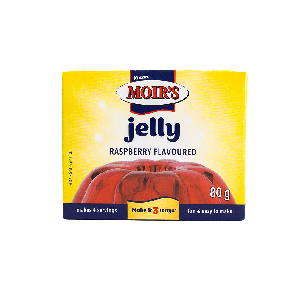 Packaging of Moir's Raspberry Flavoured Jelly from Biltong Direct, showing the brand logo, product name, weight, and an image of the jelly.