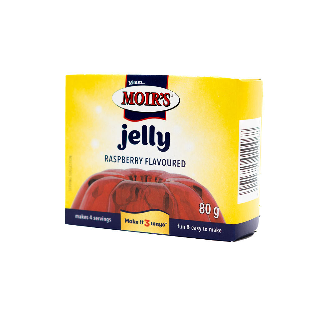 Packaging of Moir's Raspberry Flavoured Jelly from Biltong Direct, showing the brand logo, product name, weight, and an image of the jelly.