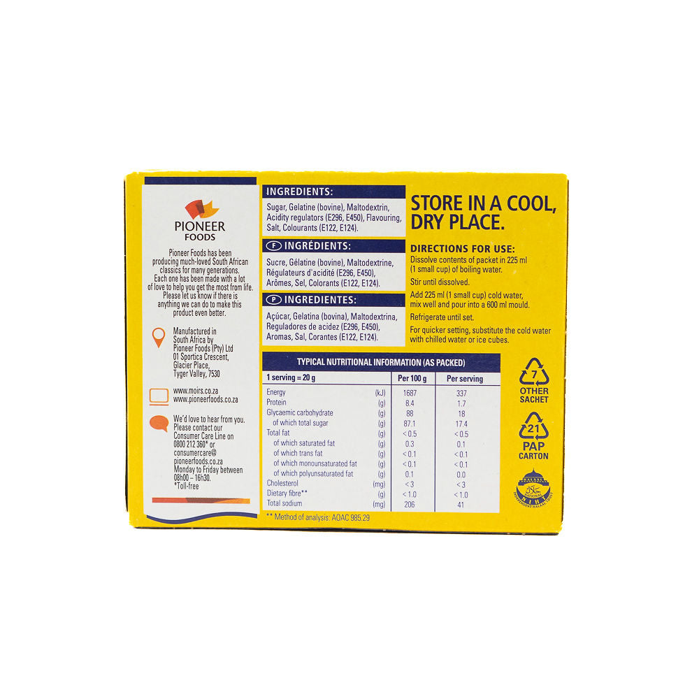 Back of the packaging of Moir's Raspberry Flavoured Jelly from Biltong Direct