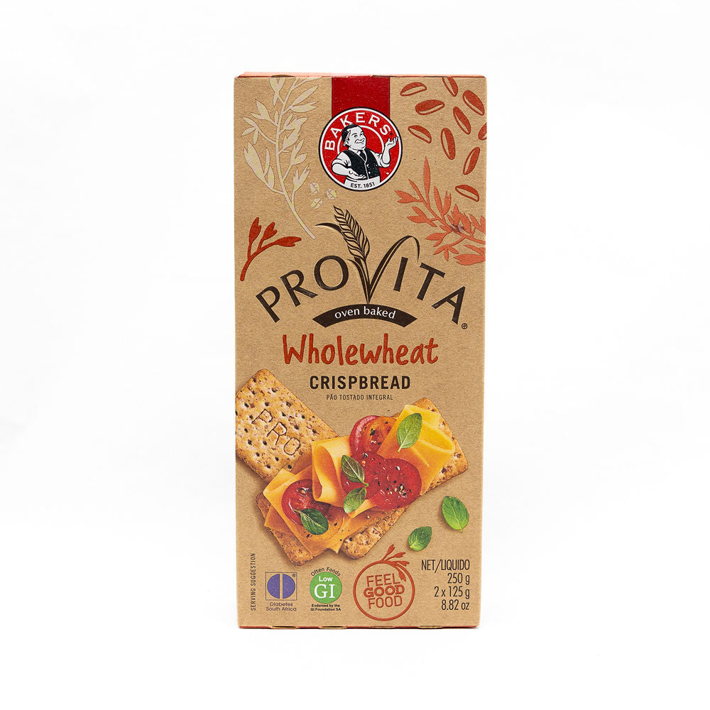 Packaging of Bakers Provita Wholewheat Crispbread from Biltong Direct showing the brand logo, product name, and an image of the crispbread with toppings.