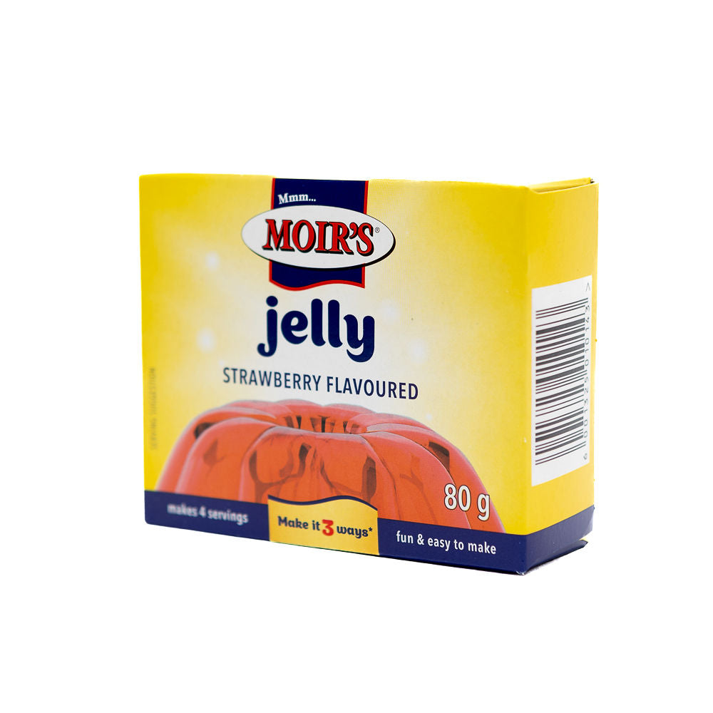 Packaging of Moirs Strawberry Jelly, showing the product name, flavour, weight of 80g from Biltong Direct, and preparation instructions for making four servings.