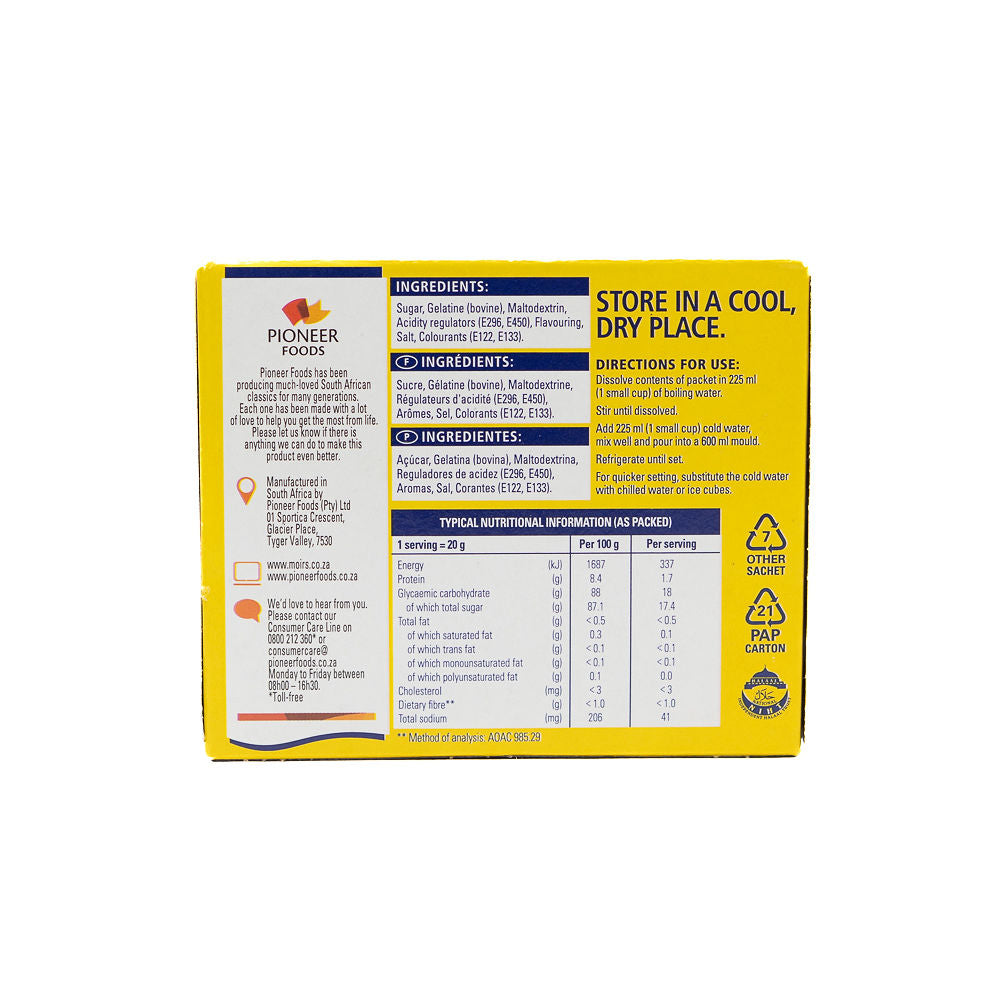 Packaging of Moirs Strawberry Jelly, showing the product name, flavour, weight of 80g from Biltong Direct, and preparation instructions for making four servings.