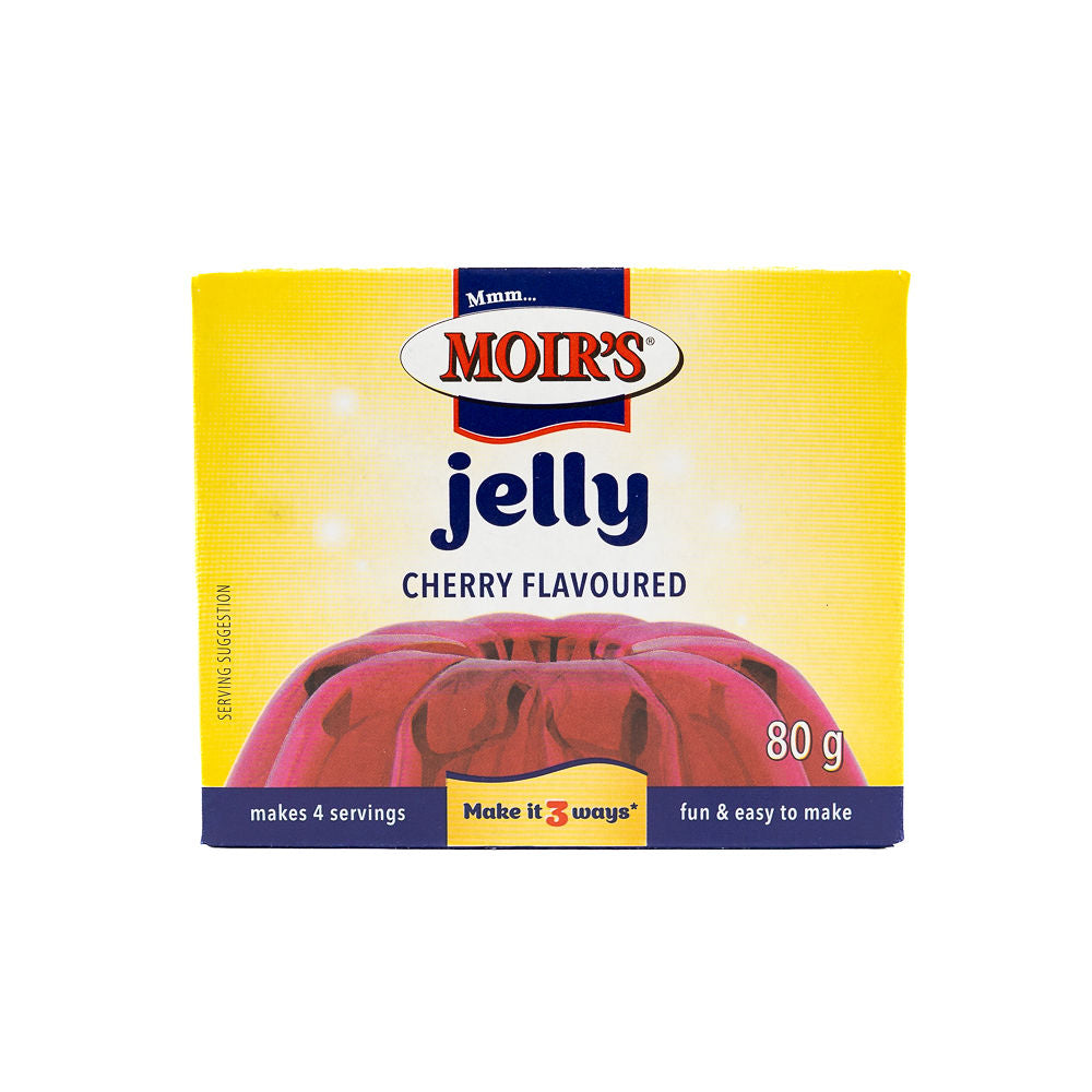 Packaging of Moirs Cherry Jelly, 80g size from Biltong Direct, with branding and cherry image on the front.