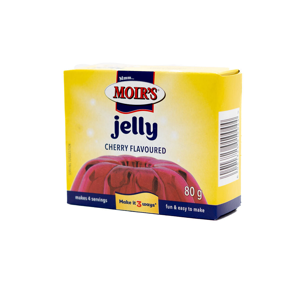 Packaging of Moirs Cherry Jelly, 80g size from Biltong Direct, with branding and cherry image on the front.