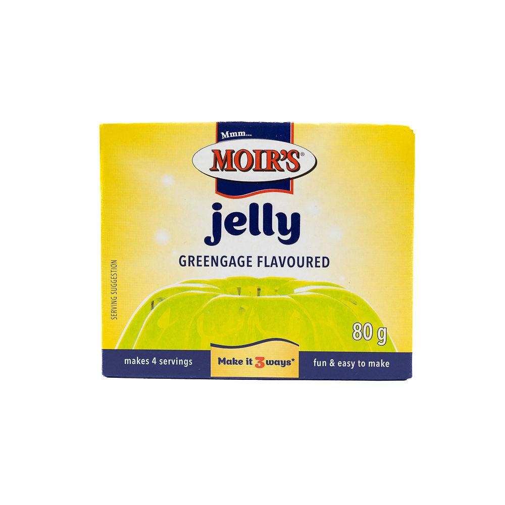 Packaging of Moirs Greengage Jelly from Biltong Direct, showing the product name and a green jelly