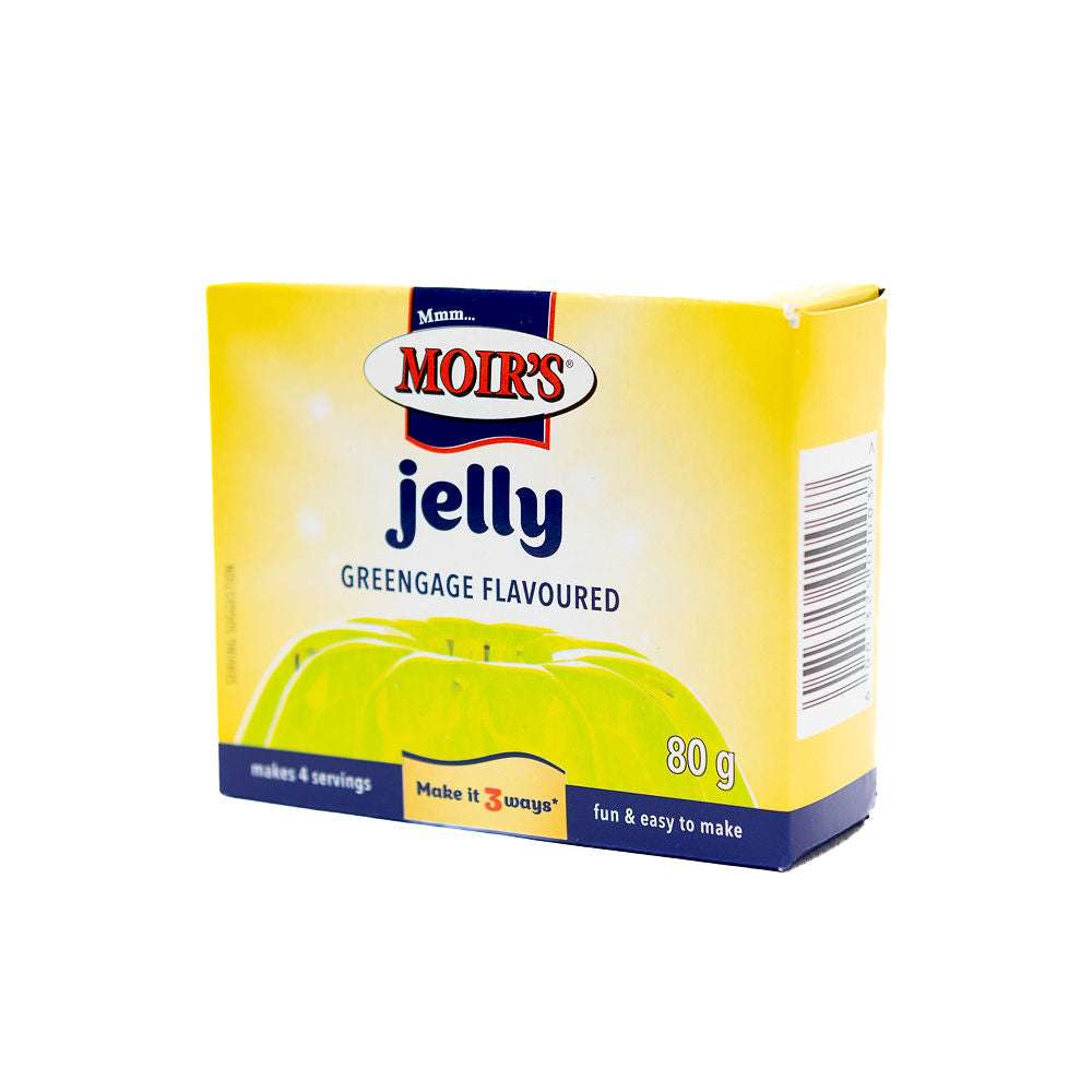 Packaging of Moirs Greengage Jelly from Biltong Direct, showing the product name and a green jelly