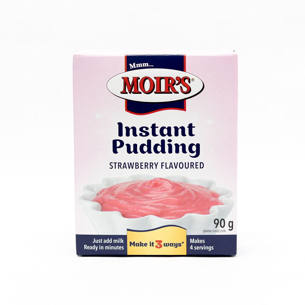 Packaging of Moirs Instant Pudding Strawberry Flavour from Biltong Direct, showing the product name, a picture of the pink pudding, and the weight of 90g.