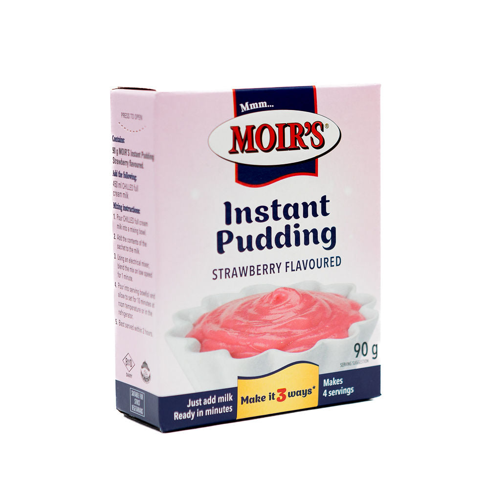 Packaging of Moirs Instant Pudding Strawberry Flavour from Biltong Direct, showing the product name, a picture of the pink pudding, and the weight of 90g.