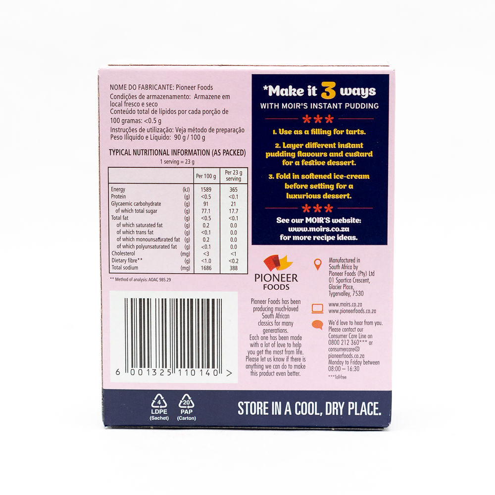 Packaging of Moirs Instant Pudding Strawberry Flavour from Biltong Direct, showing the product name, , and the weight of 90g.