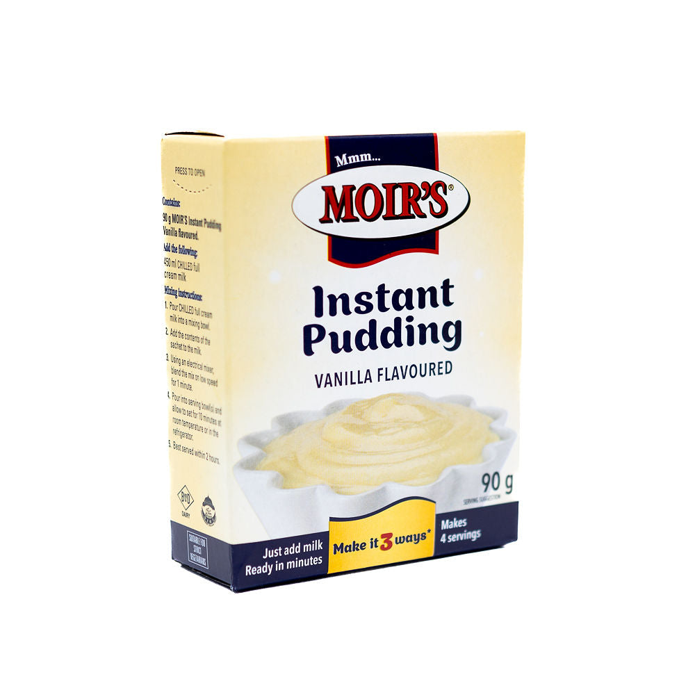 Packaging of Moirs Instant Pudding Vanilla Flavoured, 90g size from Biltong Direct