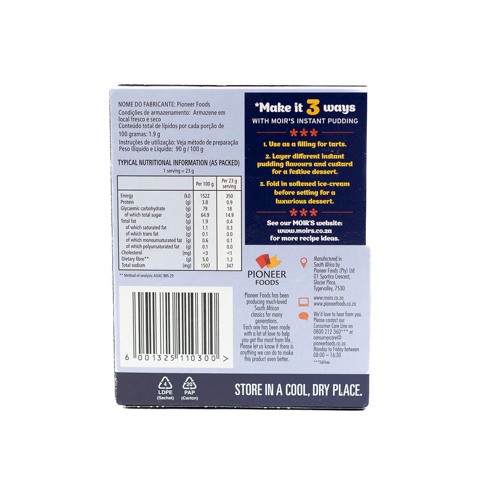 Packaging of Moirs Instant Pudding Chocolate Flavoured, 90g from Biltong Direct.