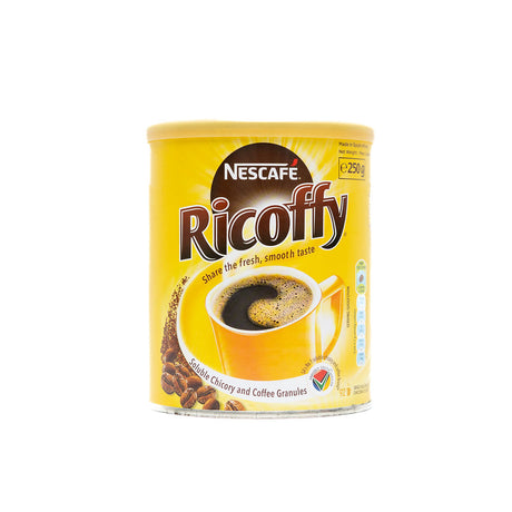 A 250g can of Nescafe Ricoffy coffee granules from Biltong Direct with a picture of a cup of coffee on the label.