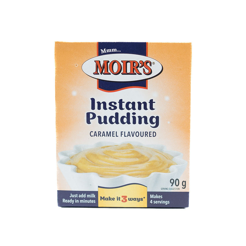Packaging of Moirs Instant Pudding in caramel flavour from Biltong Direct, showing the brand logo, product name, weight, and preparation instructions.