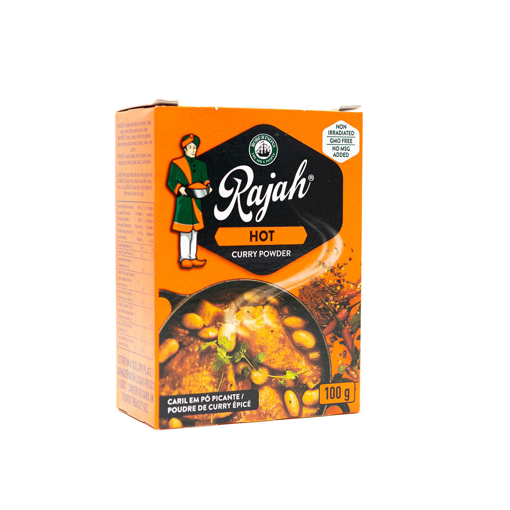 A box of Rajah Hot Curry Powder 100g from Biltong Direct with an illustration of a chef and spices.