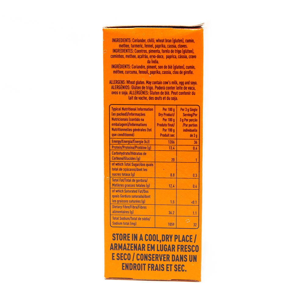 The side of a box of Rajah Hot Curry Powder 100g from Biltong Direct with an illustration of a chef and spices.