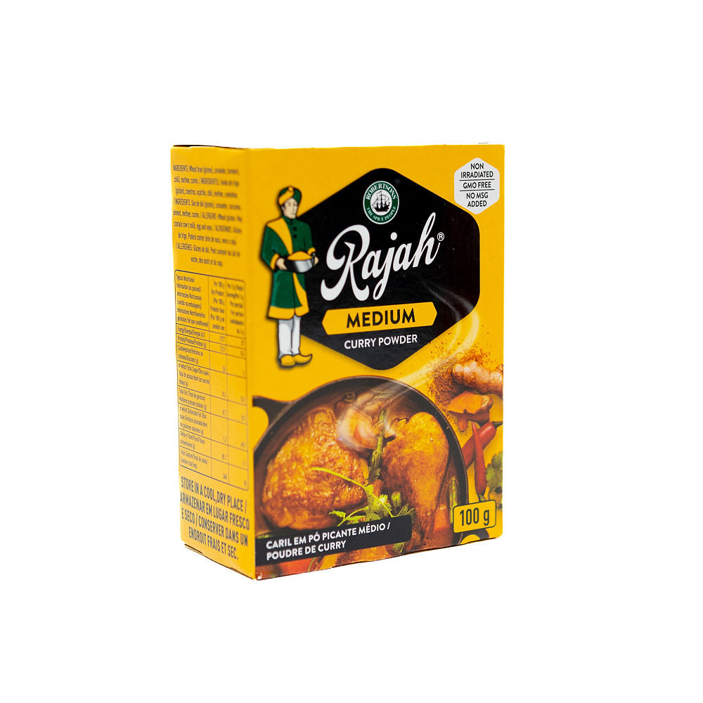 A box of Rajah Medium Curry Powder 100g from Biltong Direct with a graphic of a chef and curry spices on the front.
