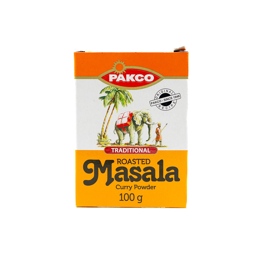 A packaged box of Pakco Masala Curry Powder, 100g size from Biltong Direct, with an illustration of a palm tree and elephants on the front.