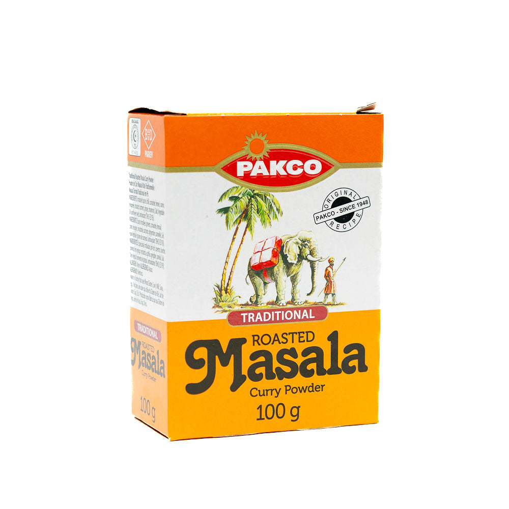 A packaged box of Pakco Masala Curry Powder, 100g size from Biltong Direct, with an illustration of a palm tree and elephants on the front.