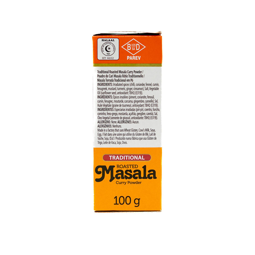The side of a box of Pakco Masala Curry Powder, 100g size from Biltong Direct, with an illustration of a palm tree and elephants on the front.