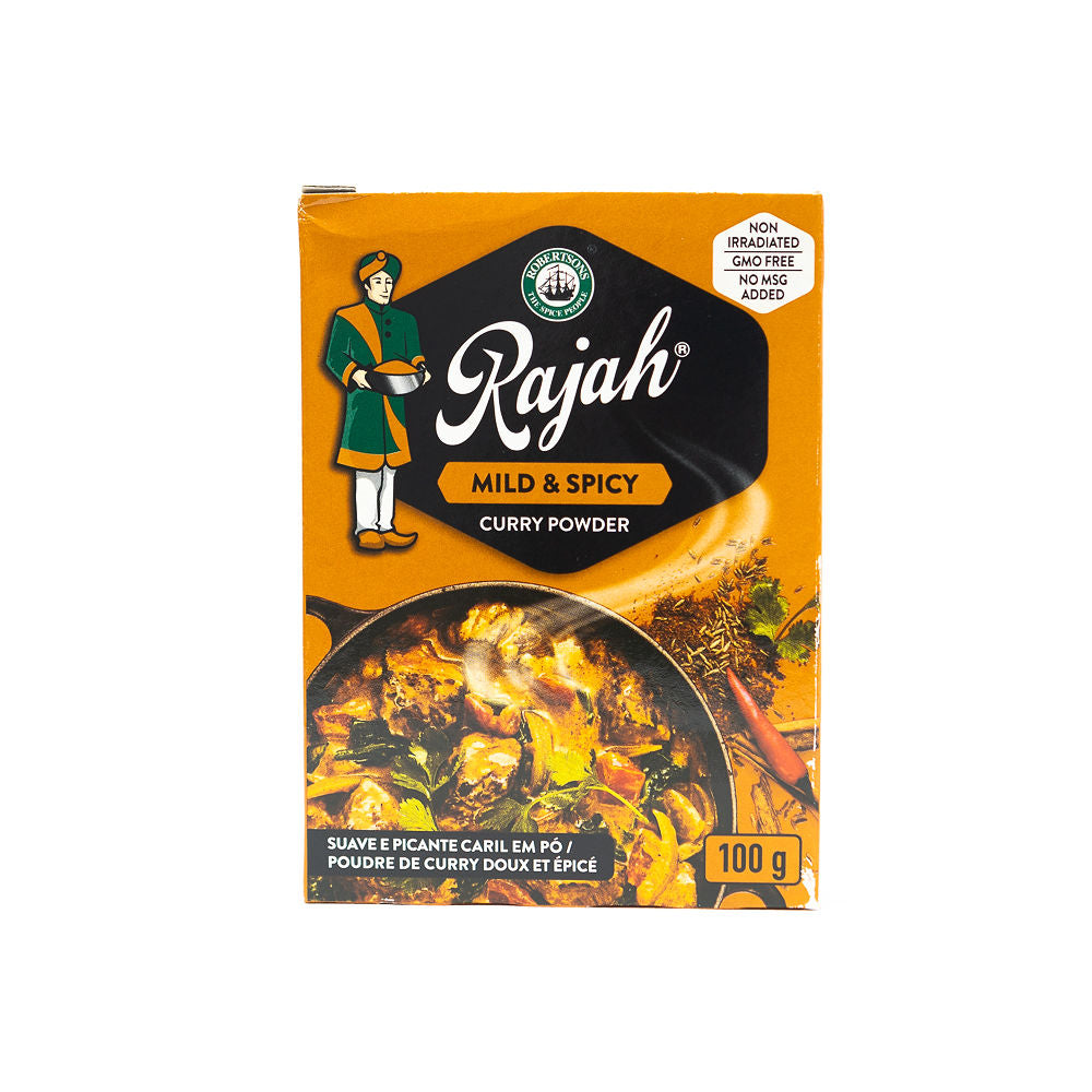Packaging of Rajah Mild & Spicy Curry Powder 100g from Biltong Direct showing the product name, logo, and an image of curry spices.