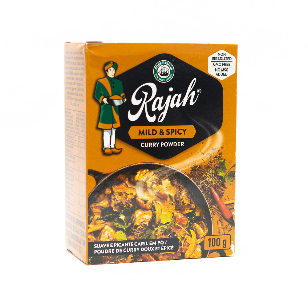Packaging of Rajah Mild & Spicy Curry Powder 100g from Biltong Direct showing the product name, logo, and an image of curry spices.