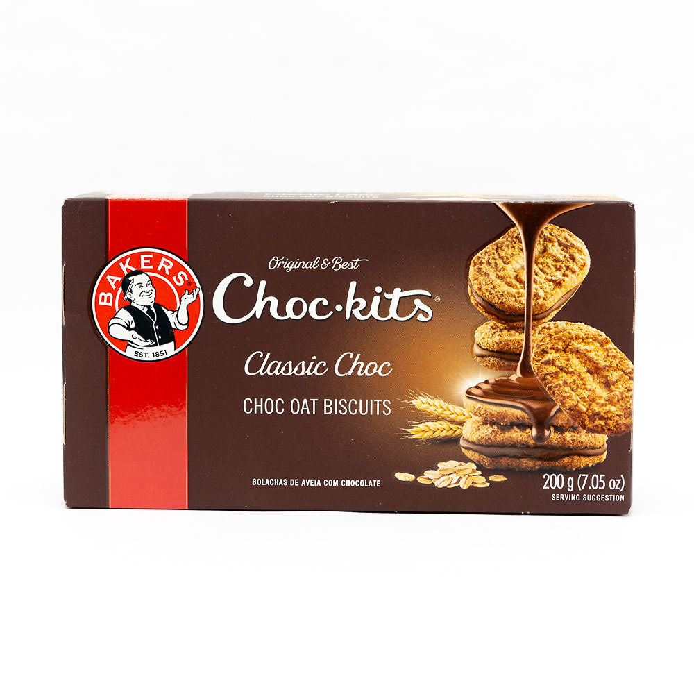 A package of Bakers Original Choc-kits Classic Chocolate Oat Biscuits, 200g size from Biltong Direct.