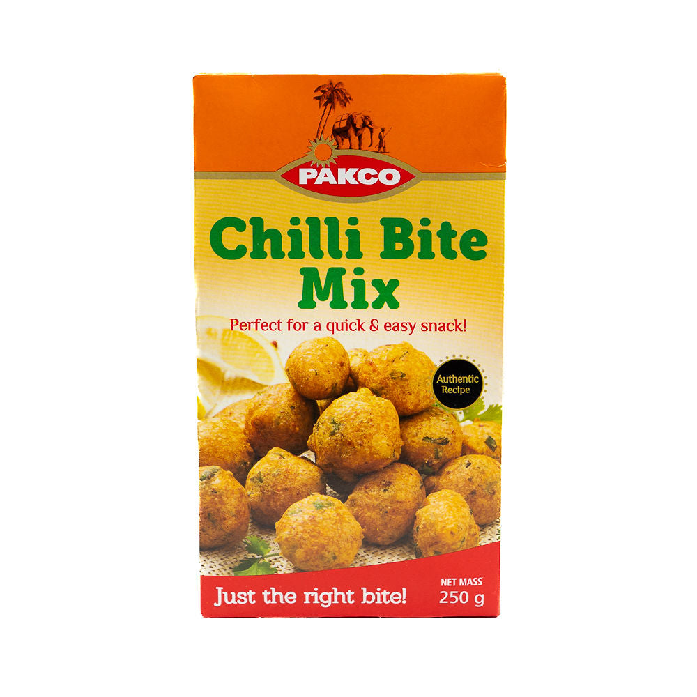 Packaging of Pakco Chilli Bite Mix from Biltong Direct showing the product name, logo, an image of chilli bites, and the weight of 250g.