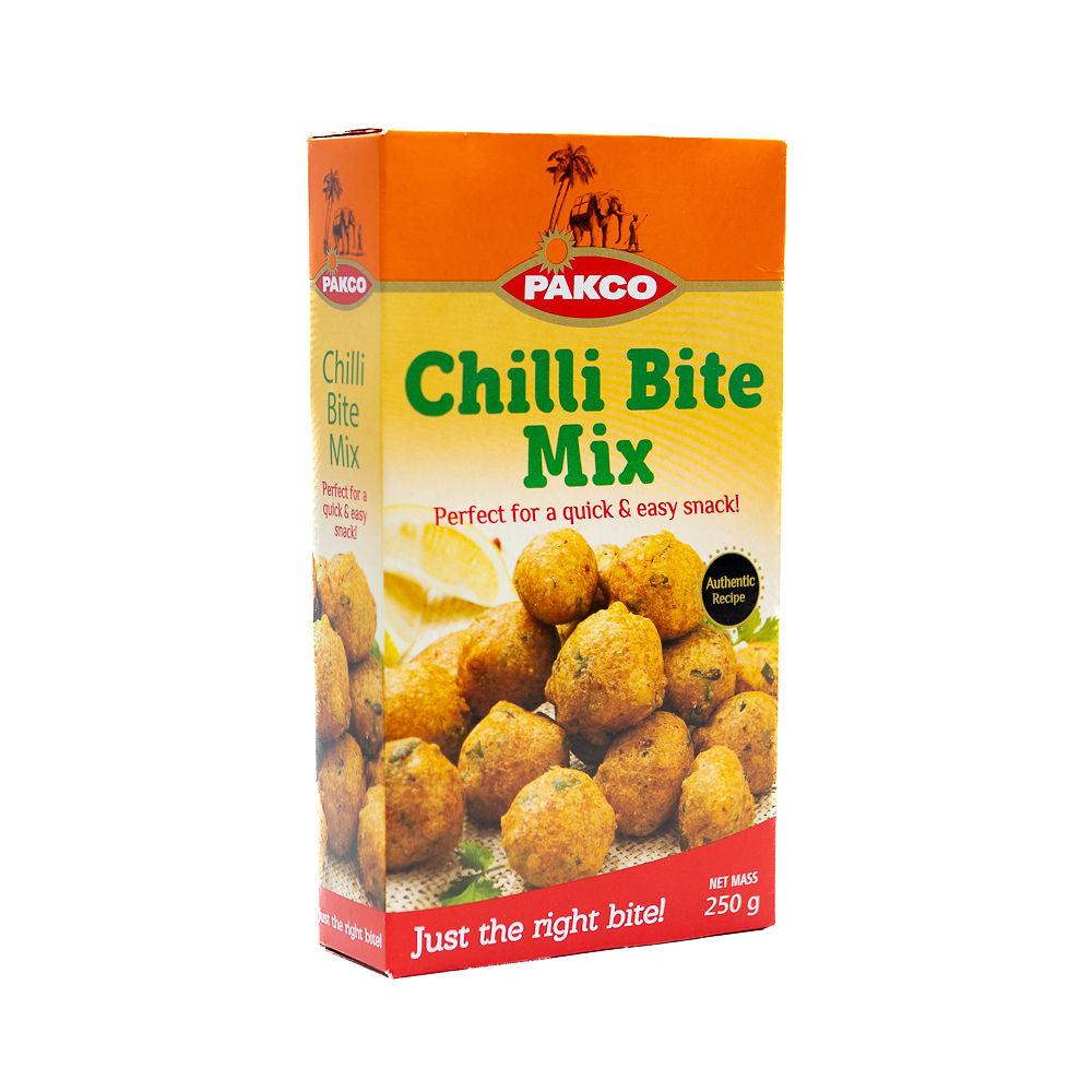 Packaging of Pakco Chilli Bite Mix from Biltong Direct showing the product name, logo, an image of chilli bites, and the weight of 250g.