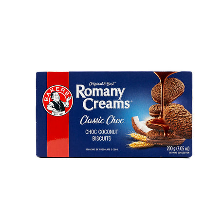 A packaged food product featuring Bakers Romany Creams Classic Choc biscuits from Biltong Direct, with an image of the biscuits and chocolate on the front.