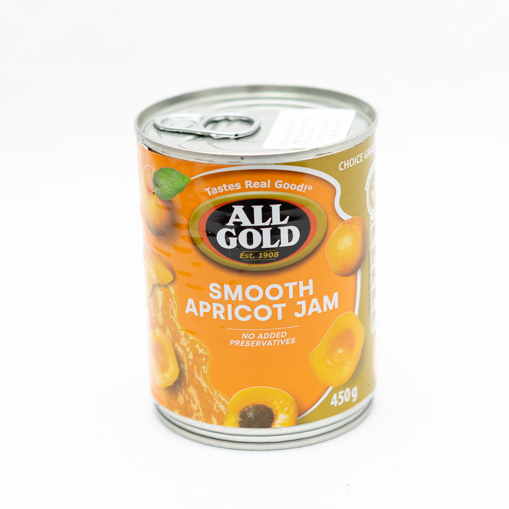 A can of All Gold Smooth Apricot Jam from Biltong Direct, with an image of an apricot on the label, and text stating 'No added preservatives', price 'R12.99', and weight '450g'.