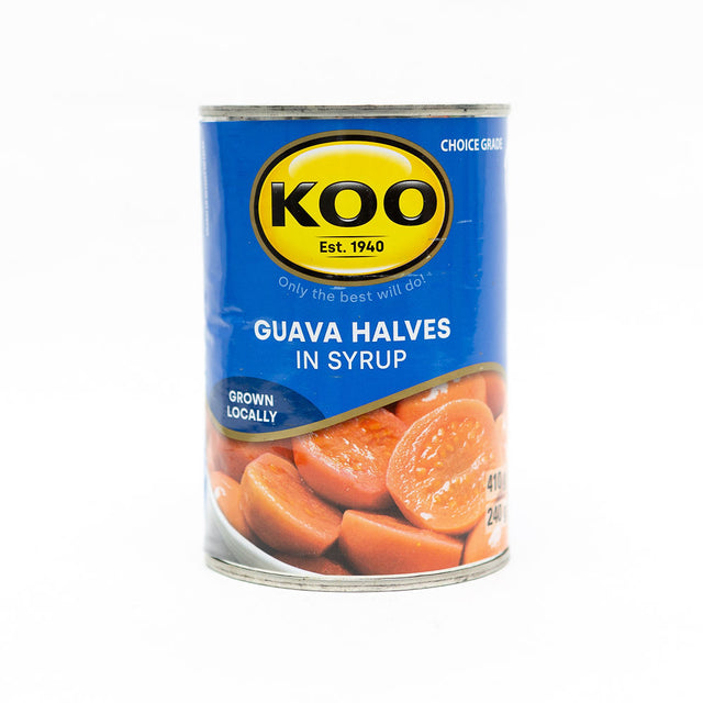 A can of KOO Guava Halves in syrup from Biltong Direct, with the brand's logo and an image of the guava halves visible through the metal.