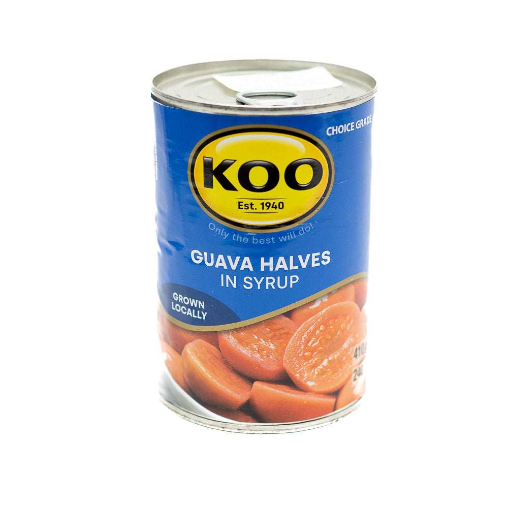 A can of KOO Guava Halves in syrup from Biltong Direct, with the brand's logo and an image of the guava halves visible through the metal.